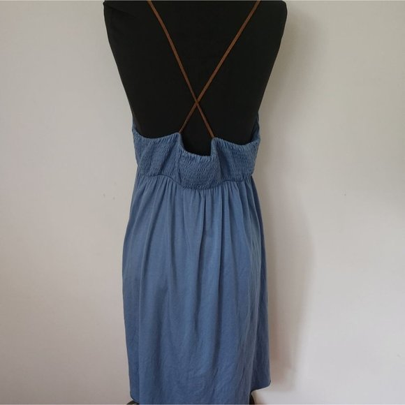 FREE PEOPLE | Slip dress smocked back leather straps blue sz M - Picture 5 of 5